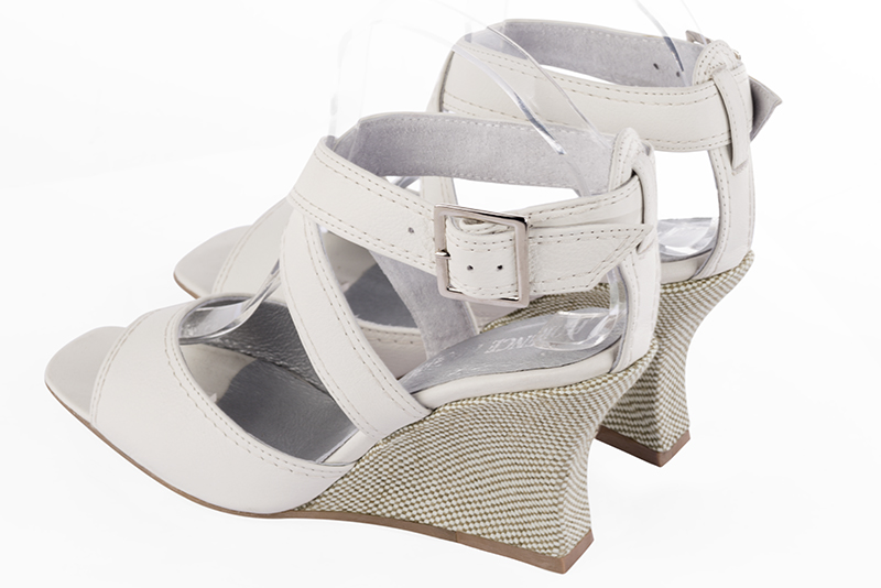 Off white women's open back sandals, with crossed straps. Square toe. High wedge heels. Rear view - Florence KOOIJMAN